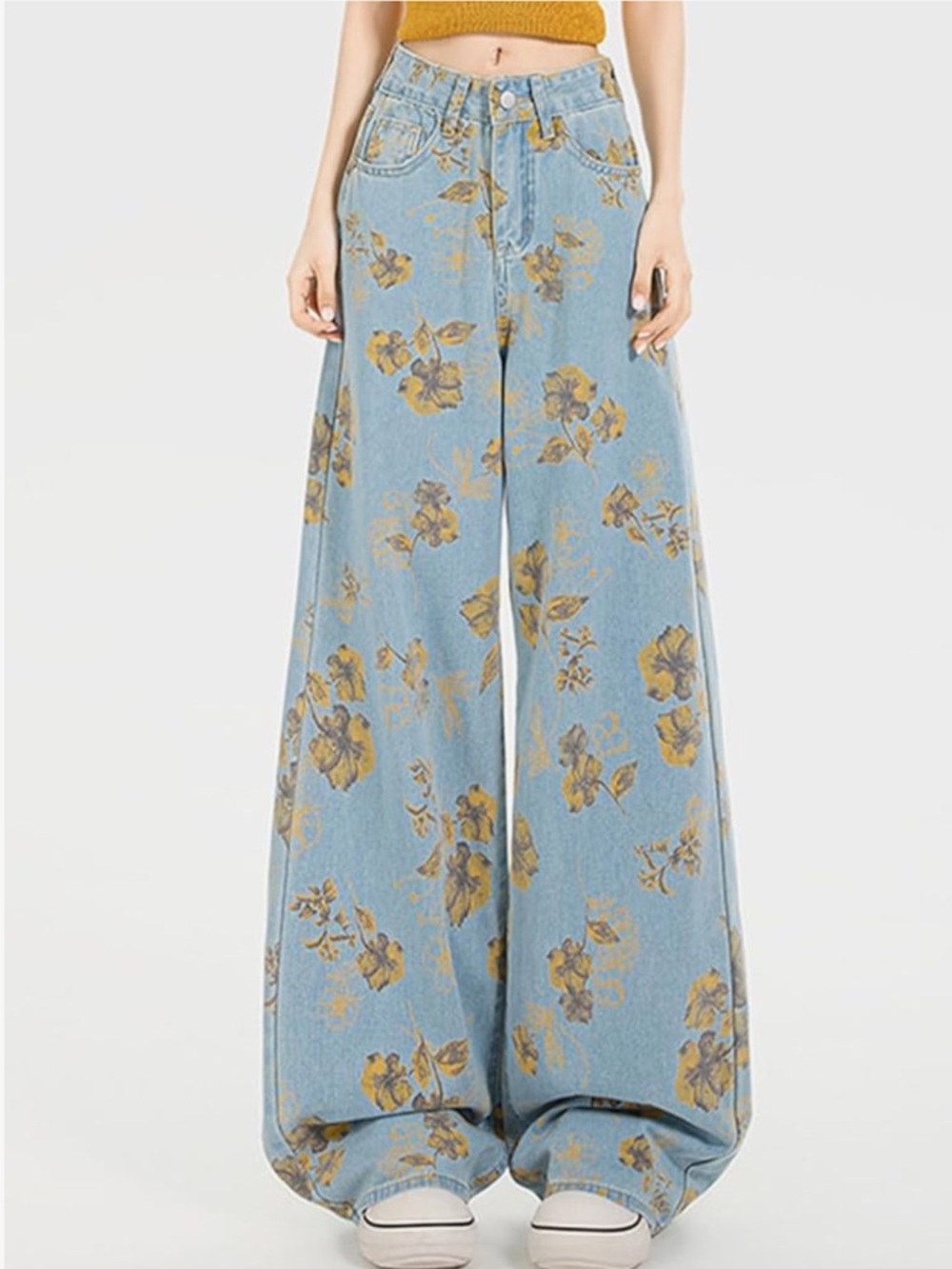 Chic Nation Light Blue Denim Wide-Leg Floral Print Pants